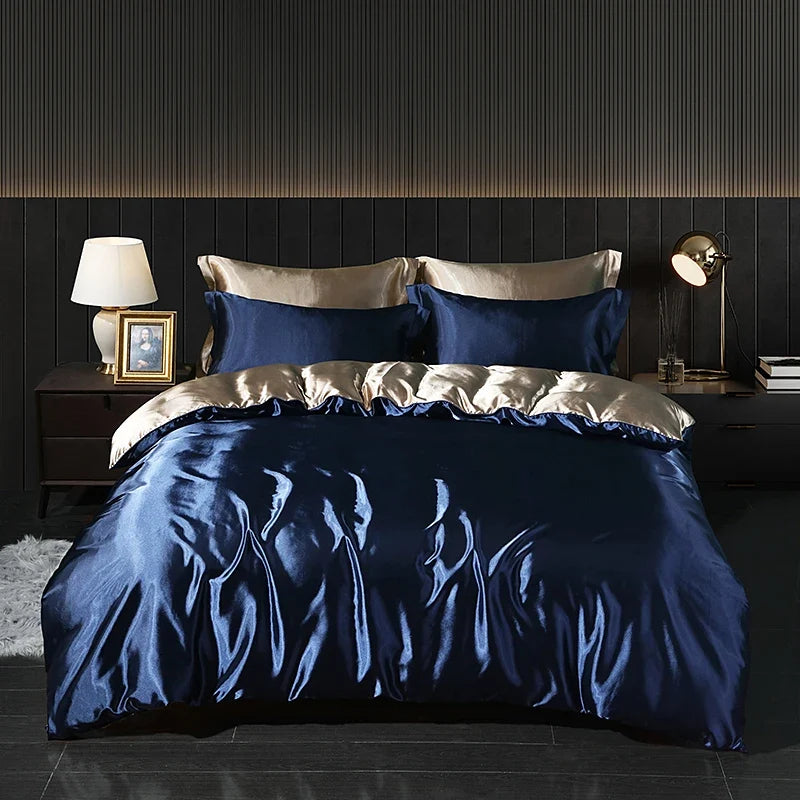 Luxury satin bedding set with fitted sheet and duvet cover by MC THE BLACK DIAMOND, featuring elegant satin fabric in a stylish home decor setting.