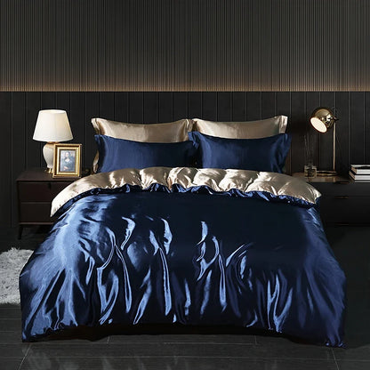 Luxury satin bedding set with fitted sheet and duvet cover by MC THE BLACK DIAMOND, featuring elegant satin fabric in a stylish home decor setting.