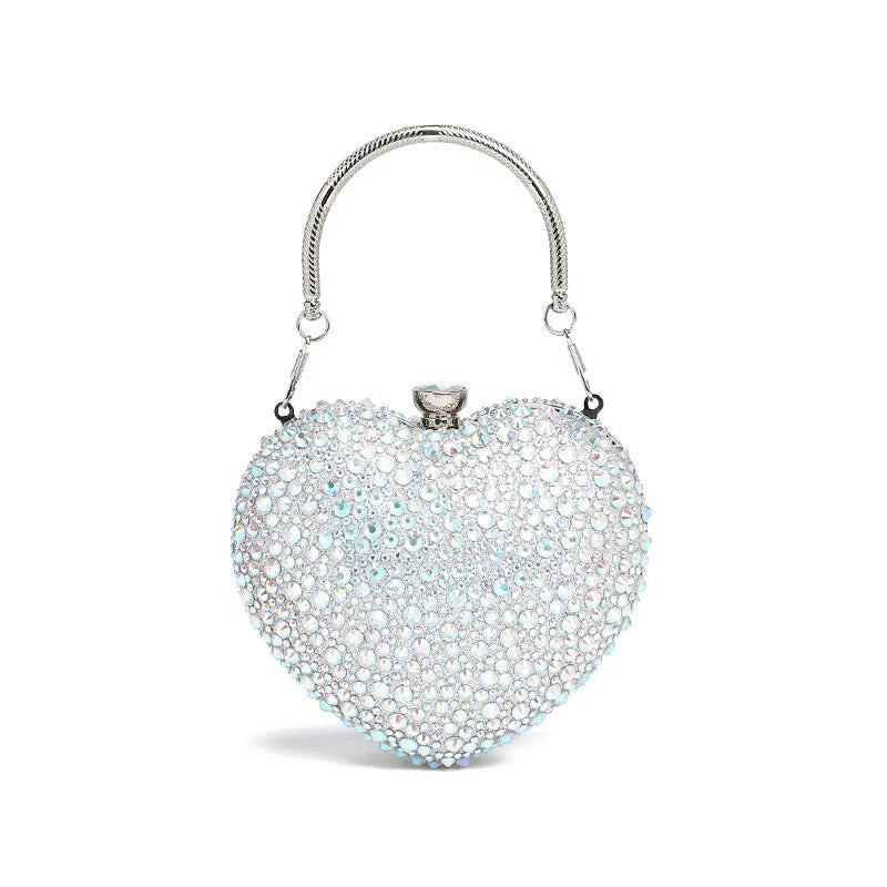 Luxury diamond inlay heart-shaped crystal clutch purse with rhinestone accents, MC THE BLACK DIAMOND evening handbag with shoulder handle