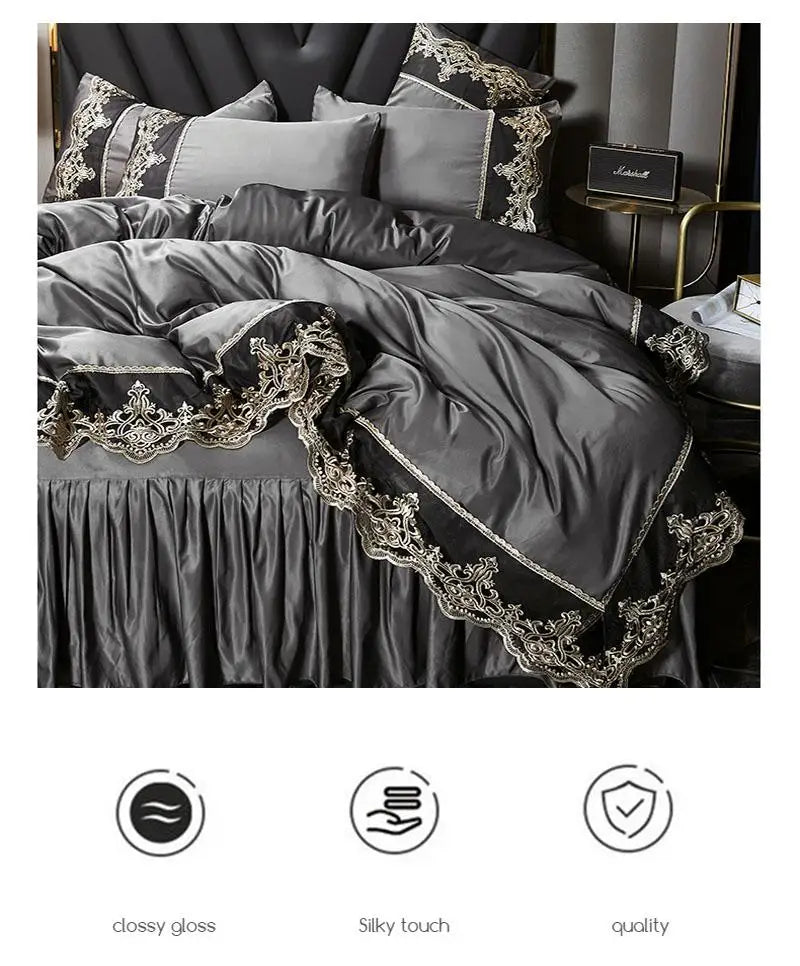 European ice rayon bed skirt from MC THE BLACK DIAMOND, part of summer bedding decor, featuring a smooth, elegant finish.