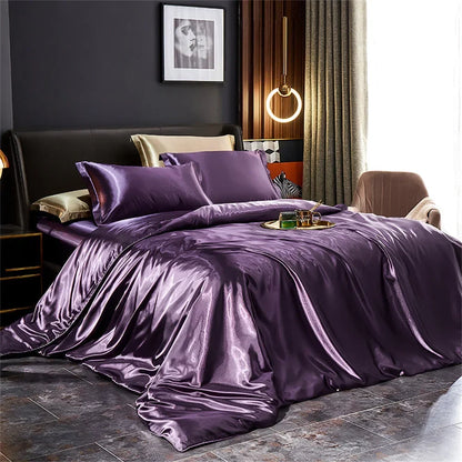 Luxury solid silk bedsheet set by MC THE BLACK DIAMOND, includes duvet cover, bed sheet, and pillowcases in various sizes
