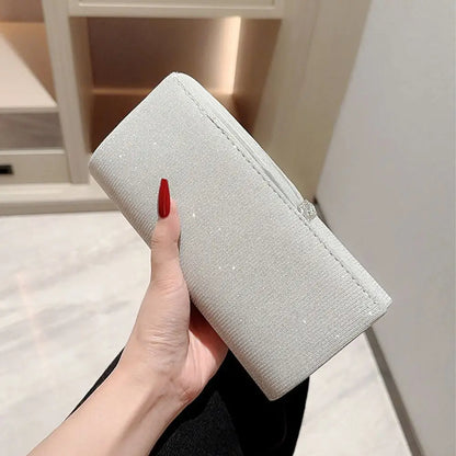 Fashion ladies luxury sequin clutch evening bag with chain strap, glitter banquet handbag for wedding, party, or dinner events.