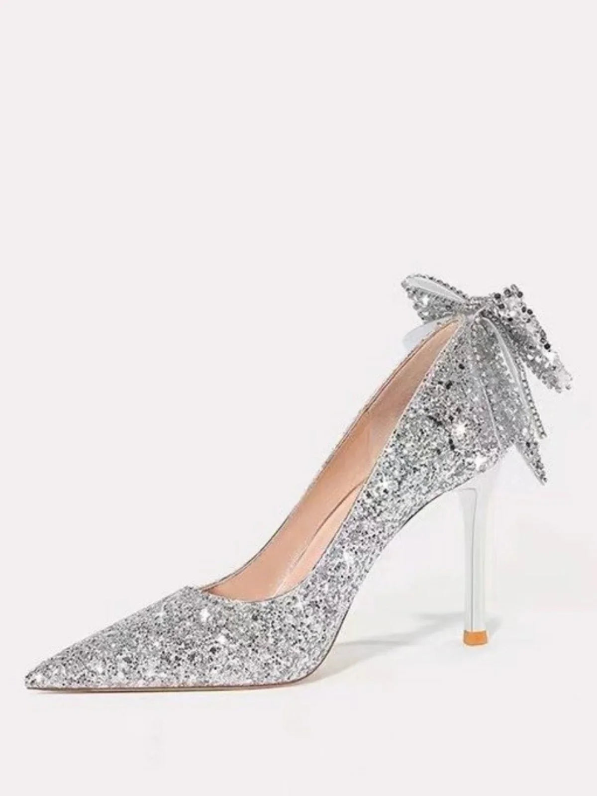 Silver crystal soft leather high heels slip-on shoes from Mohammad Collection, with pointed toe design for weddings and banquets.