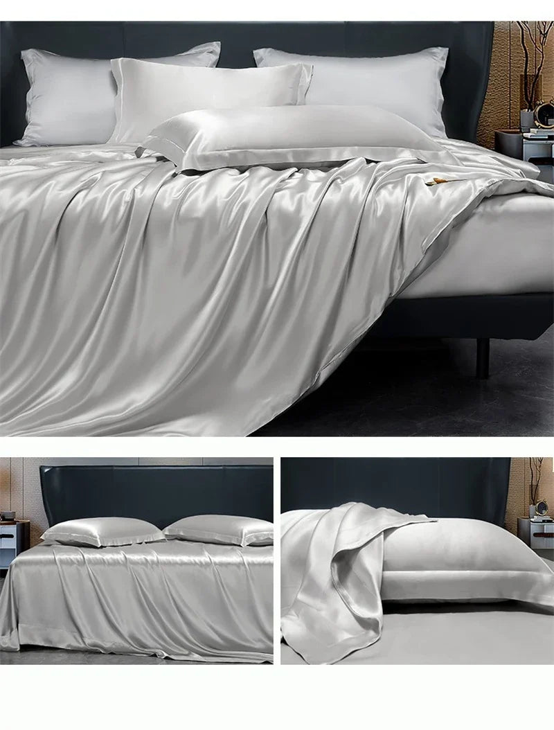 Solid black silk bedding set with duvet cover, fitted and flat sheets, pillowcases, and bedspreads from 𝕄𝕔 𝕋𝕙𝕖 𝔹𝕝𝕒𝕔𝕜 𝔻�