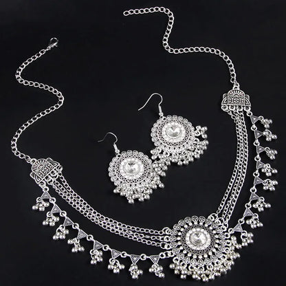 MC THE BLACK DIAMOND rhinestone jewelry set with multilayer collar necklace and matching tassel earrings for women