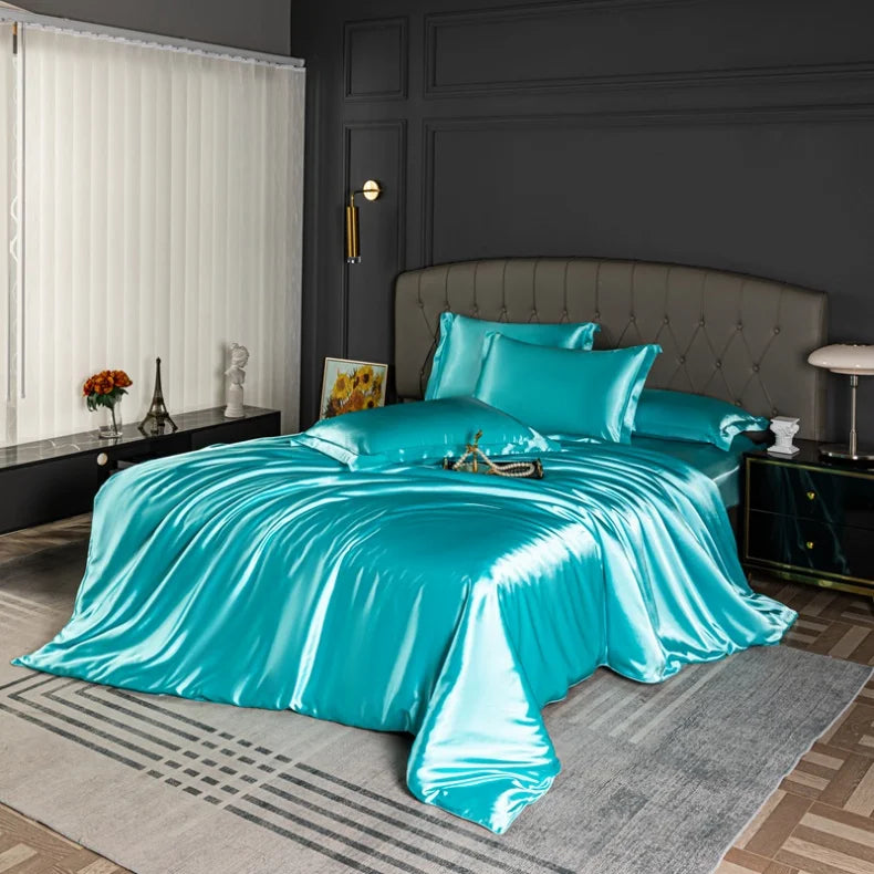 Black satin bedding set with smooth, skin-friendly quilt cover in solid color, featuring a luxurious duvet cover from 𝕄𝕔 𝕋𝕙𝕖 𝔹𝕝𝕒𝕔𝕜 𝔻�