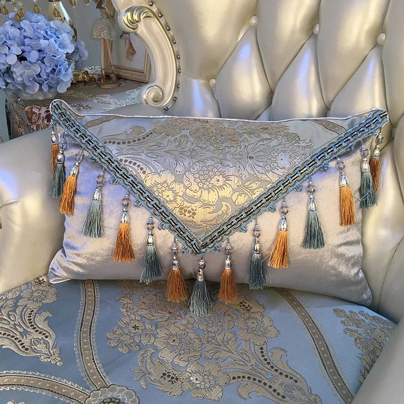European luxury Jacquard tassel lace sofa cushion cover, rectangular decorative pillow case with large backrest design.