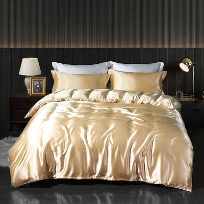 Luxury satin bedding set with fitted sheet and duvet cover by MC THE BLACK DIAMOND, showcasing smooth, elegant home decor.