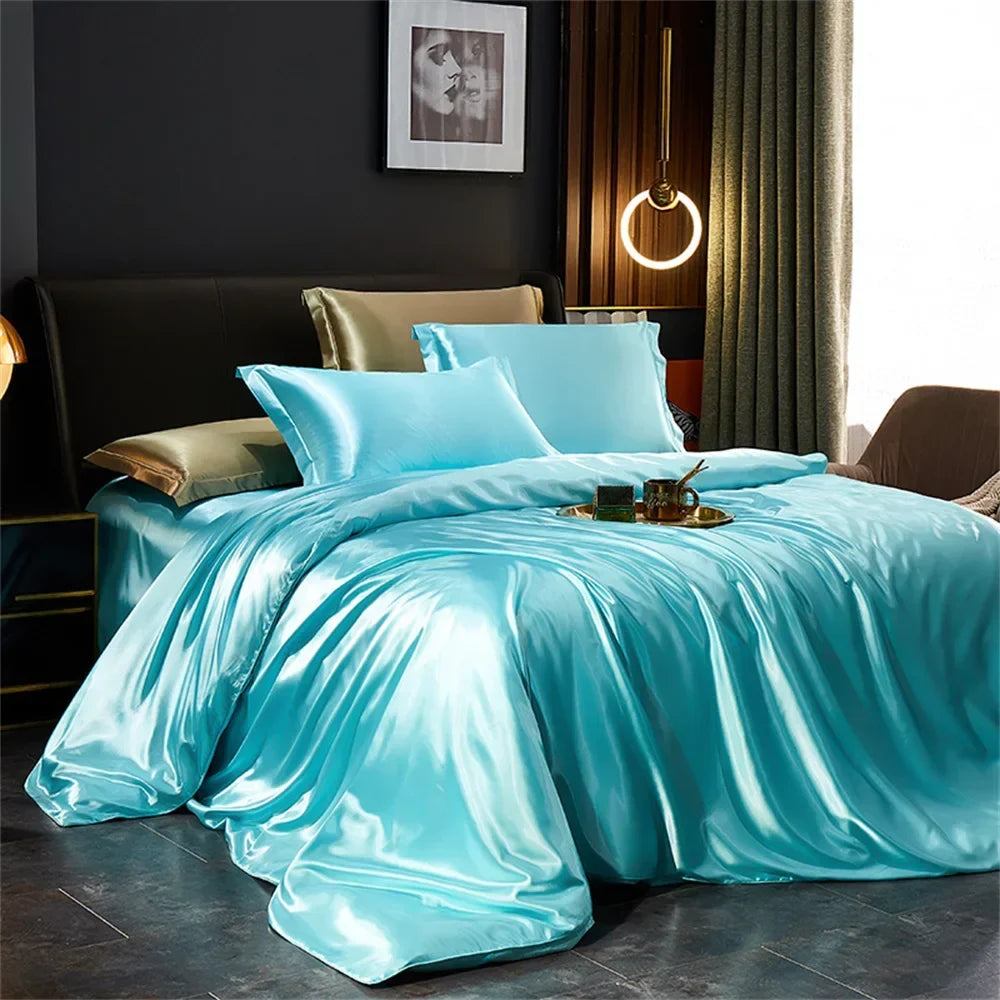 Luxury MC THE BLACK DIAMOND solid silk bedding set with duvet cover, bed sheet, and pillowcases in single, double, queen, and king sizes.