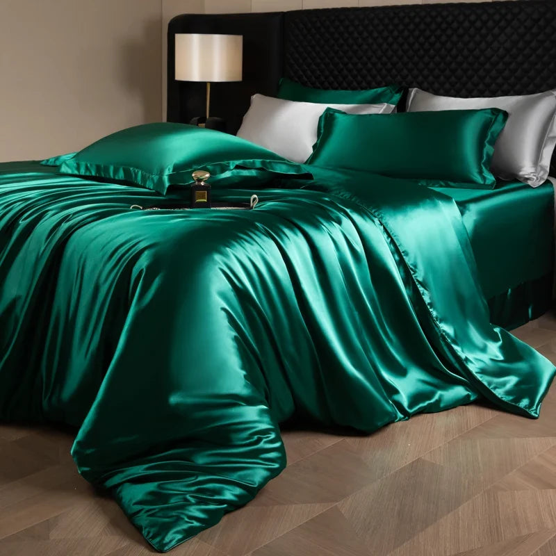 Luxury MC The Black Diamonds satin bedding set with solid color duvet cover, soft and silky, available in single, double, queen, and king sizes.