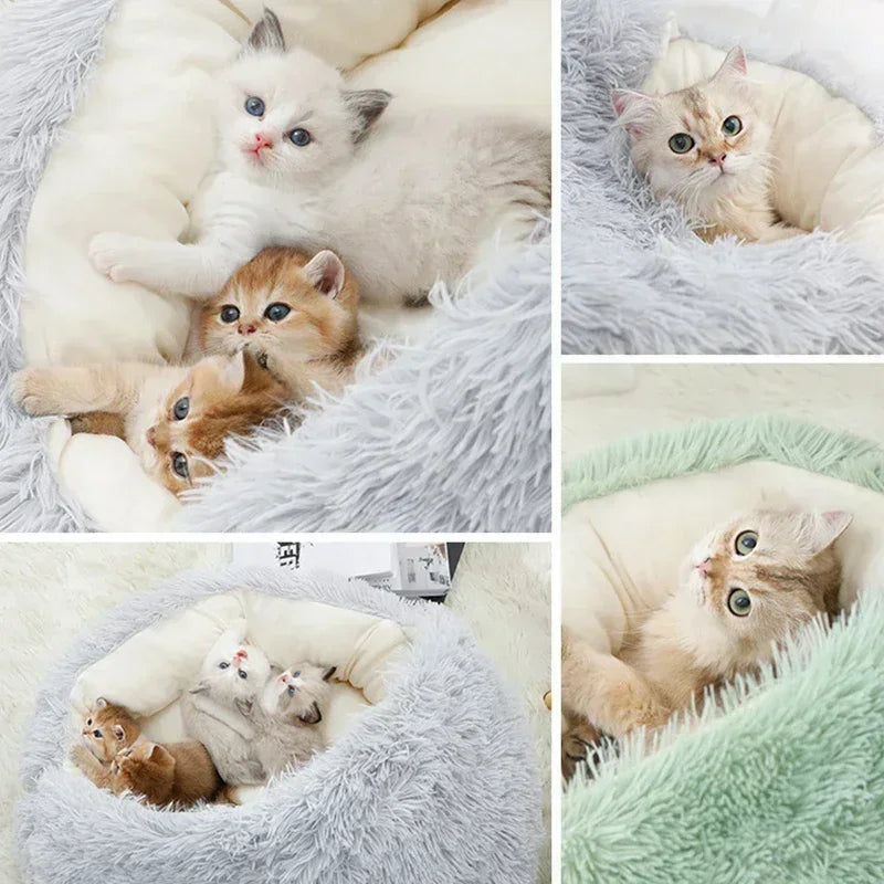 Soft round plush cat bed by MC THE BLACK DIAMOND, cozy cat cave and nest for small cats and kittens to sleep warmly.