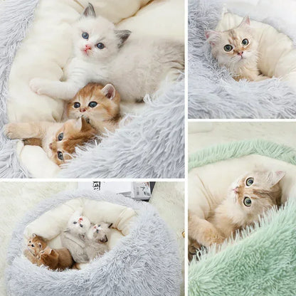 Soft round plush cat bed by MC THE BLACK DIAMOND, cozy cat cave and nest for small cats and kittens to sleep warmly.