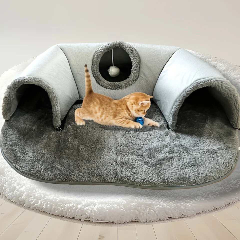 MC THE BLACK DIAMOND Cozy Cat Tunnel Bed, small animal habitat accessory, soft fabric play mat with tunnel design for cats or small pets.