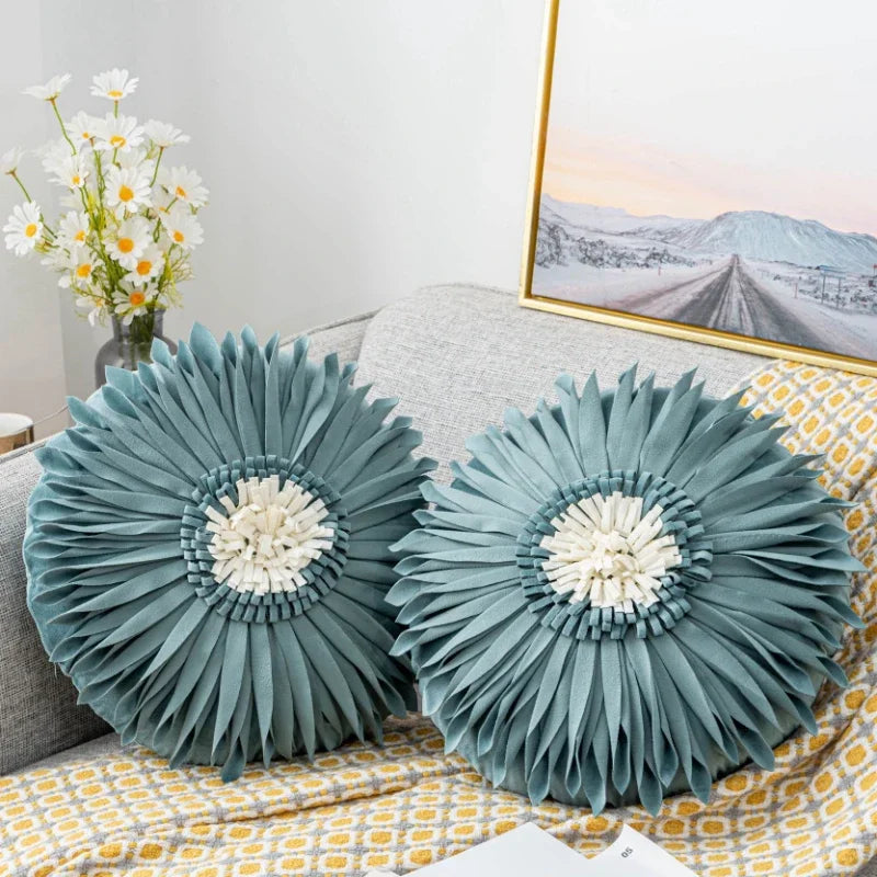 Pink and white velvet throw pillow with 3D chrysanthemum embroidery, 45x45cm, for home decor by MC THE BLACK DIAMOND.