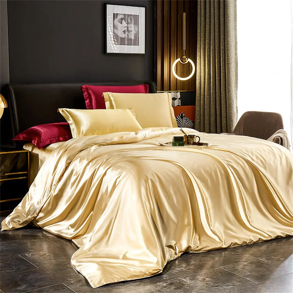 Luxurious solid silk bedding set with duvet cover, sheets, and pillowcases by MC THE BLACK DIAMOND for king and queen beds
