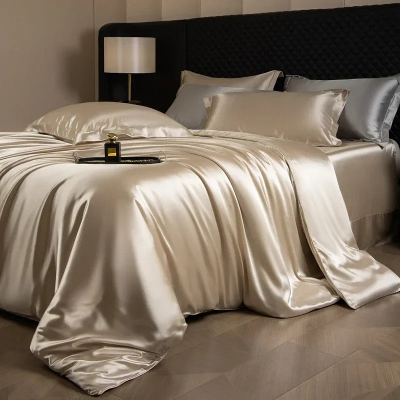 Luxury silk bed sheets set with duvet cover, pillowcases, fitted and flat sheets in king and queen sizes from 𝕄𝕔 𝕋𝕙𝕖 𝔹𝕝𝕒𝕔𝕜 𝔻�