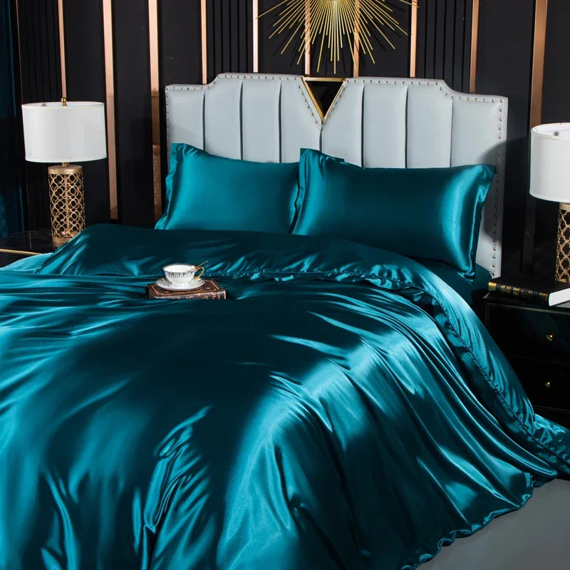 Luxury solid silk bedsheet set with duvet cover, pillowcases, and fitted sheet from 𝕄𝕔 𝕋𝕙𝕖 𝔹𝕝𝕒𝕔𝕜 𝔻𝕚𝕒