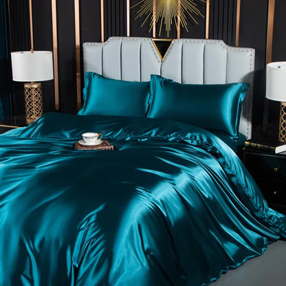 Luxury solid silk bedsheet set with duvet cover, pillowcases, and fitted sheet from 𝕄𝕔 𝕋𝕙𝕖 𝔹𝕝𝕒𝕔𝕜 𝔻𝕚𝕒