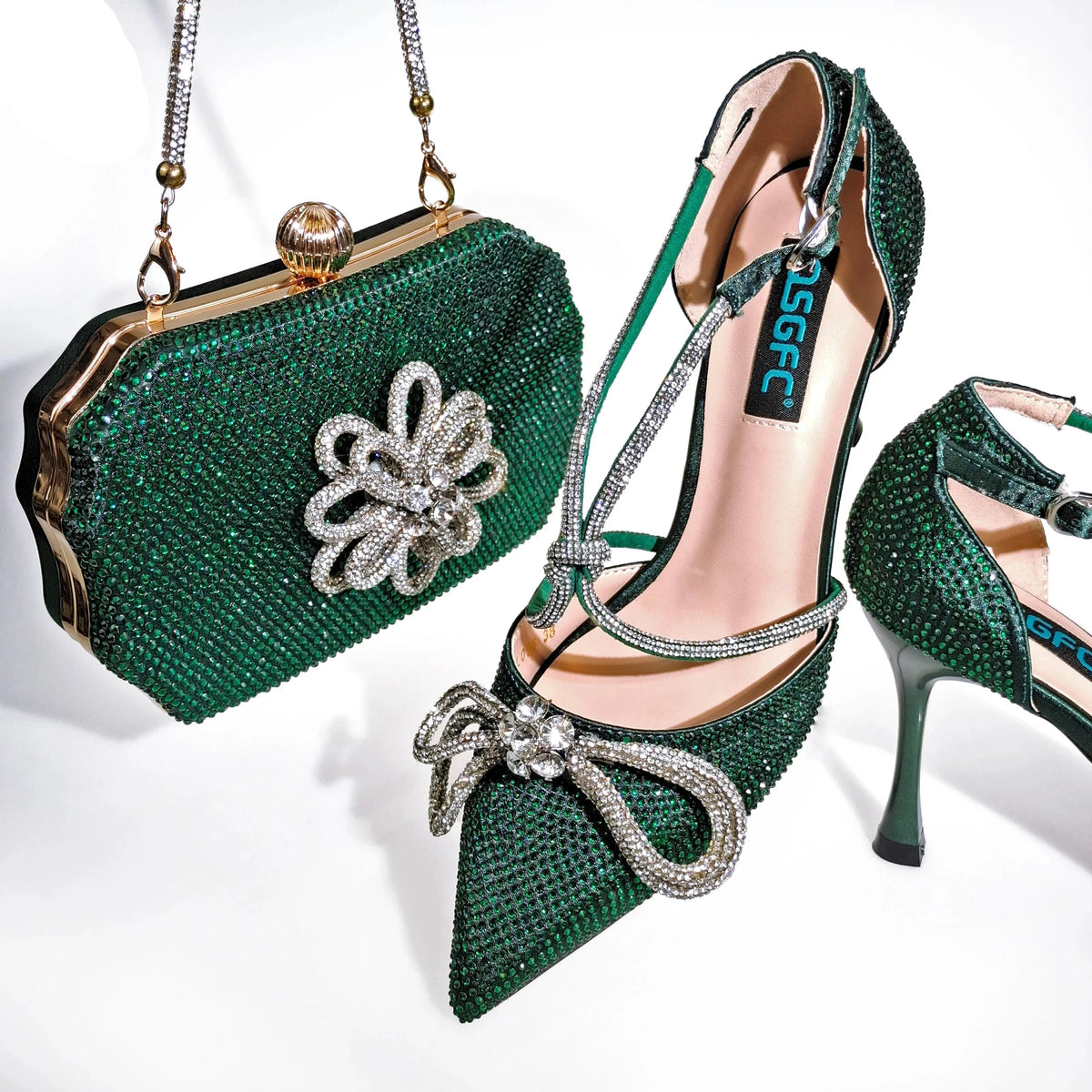 MC THE BLACK DIAMOND purple rhinestone heels and matching bags set featuring pointed toe high heels with full upper inlaid rhinestones