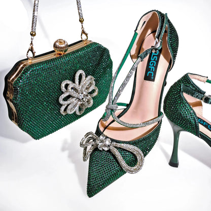 MC THE BLACK DIAMOND purple rhinestone heels and matching bags set featuring pointed toe high heels with full upper inlaid rhinestones