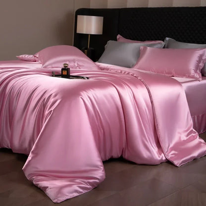 Luxury silk bed sheets set with duvet cover, fitted and flat sheets, and pillowcases from 𝕄𝕔 𝕋𝕙𝕖 𝔹𝕝𝕒𝕔𝕜 𝔻𝕚�