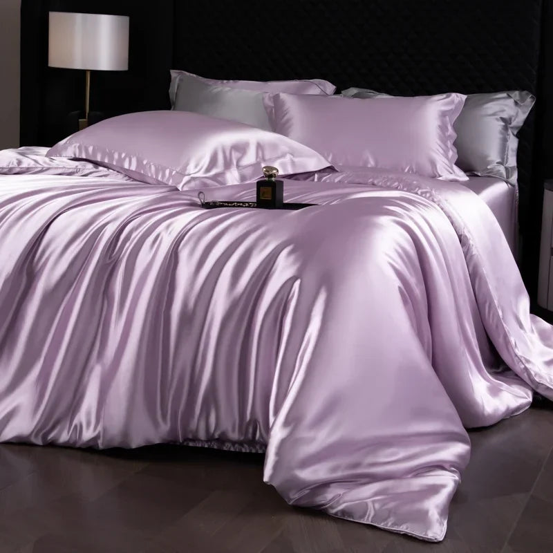 Luxury MC The Black Diamonds satin duvet cover set in solid color, shown on a bed with soft, silky fabric and elegant design.