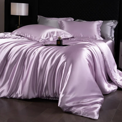 Luxury MC The Black Diamonds satin duvet cover set in solid color, shown on a bed with soft, silky fabric and elegant design.