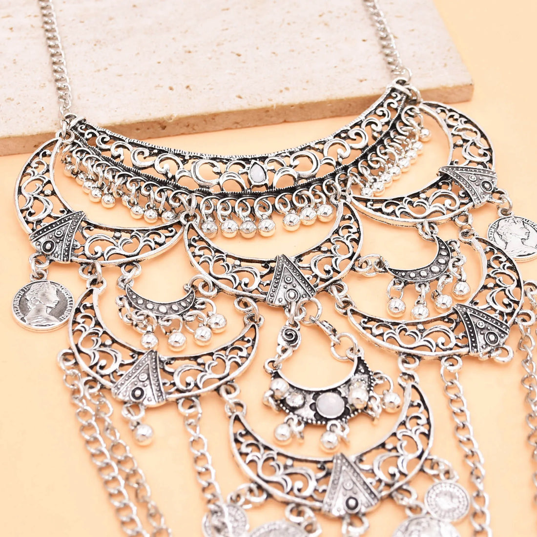 Retro silvery cross chain necklace with moon pendant, ethnic gypsy jewelry by 𝕄𝕔 𝕋𝕙𝕖 𝔹𝕝𝕒𝕔𝕜 𝔻𝕚𝕒�