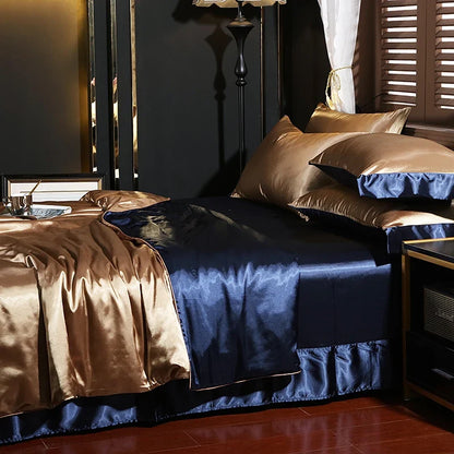 Luxury satin bedding set with fitted sheet and duvet cover from MC THE BLACK DIAMOND, featuring smooth, shiny fabric and elegant design.