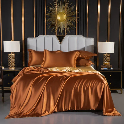 Luxury silk bed sheets set with duvet cover, fitted and flat sheets, and pillowcases in king, queen, full, and twin sizes.