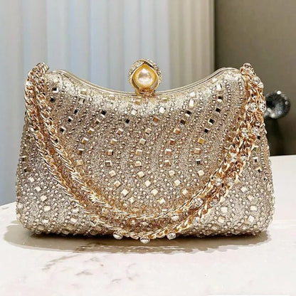 MC THE BLACK DIAMOND rhinestone diamond inlay evening clutch bag with gold, silver, and blue accents, perfect for wedding and party.