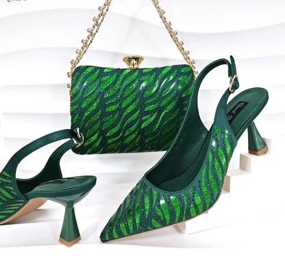 Nigerian style women heels and shiny clutch bag by MC THE BLACK DIAMOND, pointed toe stiletto shoes for parties and fashion occasions