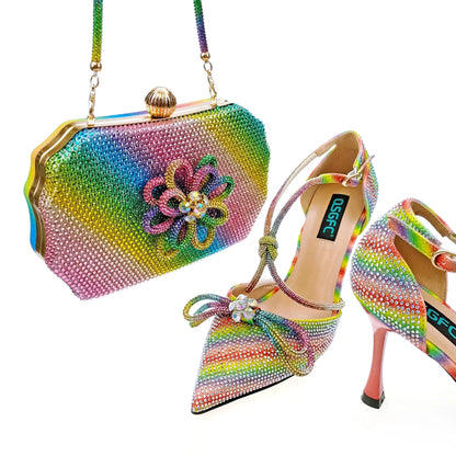 MC THE BLACK DIAMOND purple rhinestone party shoes and matching bags set with pointed toe high heels and full upper design.