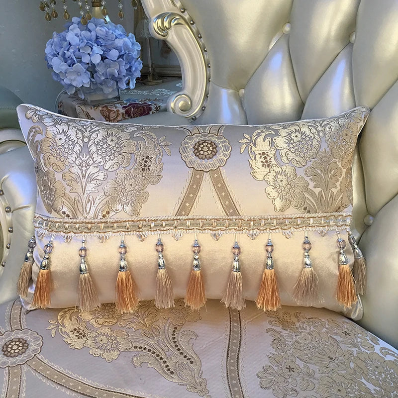 European luxury jacquard tassel lace decorative sofa pillow cover with rectangular shape and large backrest cushion design.