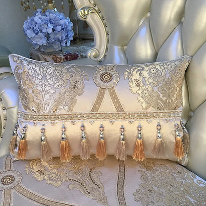 European luxury jacquard tassel lace decorative sofa pillow cover with rectangular shape and large backrest cushion design.