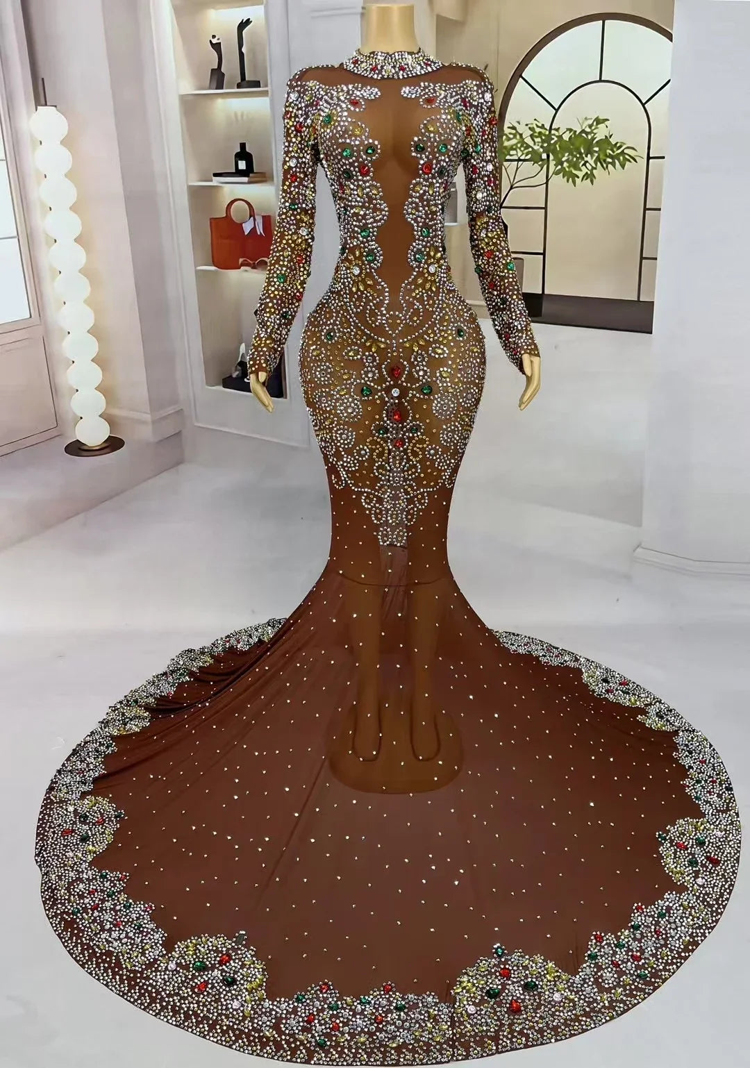 Floor-length MC THE BLACK DIAMOND MC Luxury Dress with sparkly crystal embellishments and elegant design.