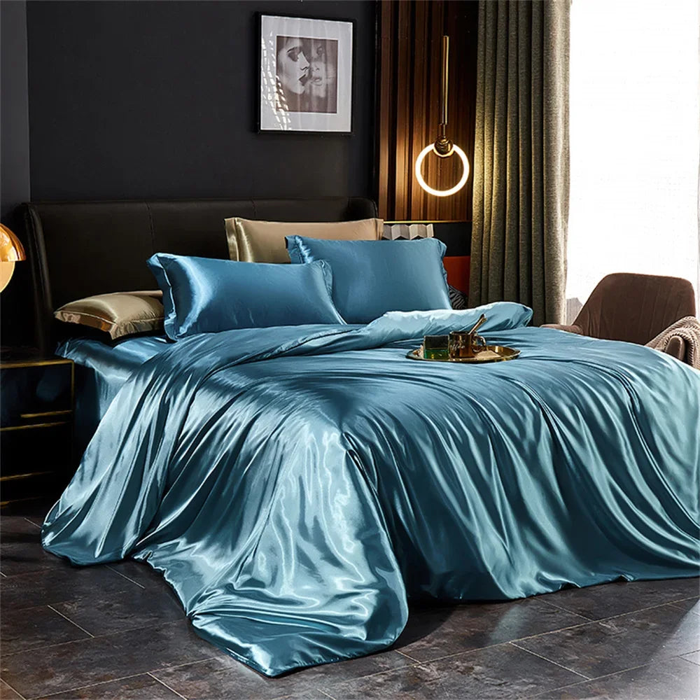 Luxury MC THE BLACK DIAMOND solid silk bedding set with duvet cover, bed sheet, and pillowcases for king, queen, and twin beds.