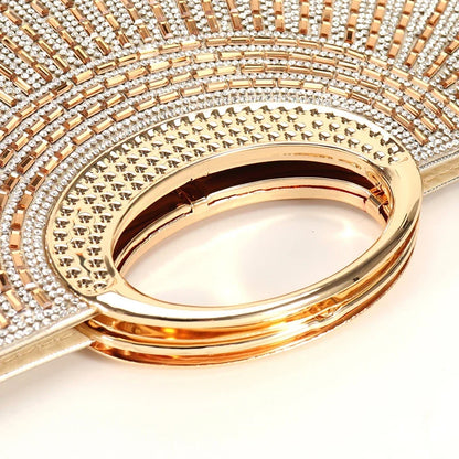 Elegant sparkling rhinestone clutch bag with chain, black sequins, and diamond details for women’s evening or wedding parties.
