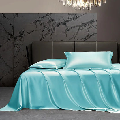 Solid silk bedding set with duvet cover, bed sheets, pillowcases, and coverlet from 𝕄𝕔 𝕋𝕙𝕖 𝔹𝕝𝕒𝕔𝕜 𝔻𝕚�