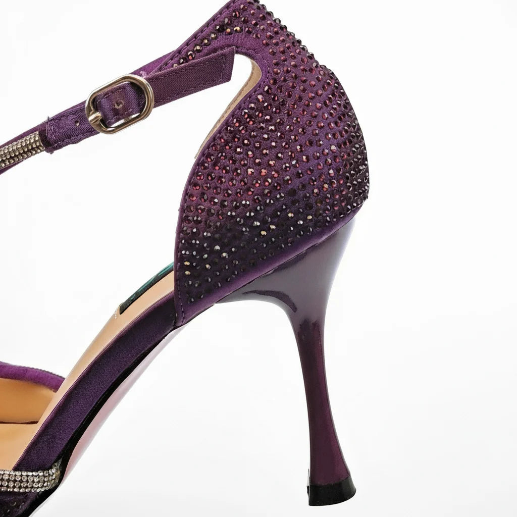 MC THE BLACK DIAMOND purple rhinestone heels and matching bag set with pointed toe and high heels, full upper design.