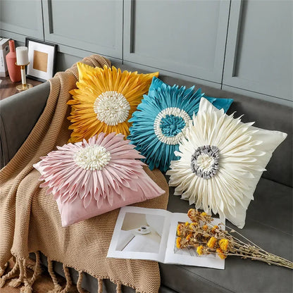 Modern pink and white velvet throw pillow with 3D chrysanthemum stitching, blue cushion case, 45x45cm, home decor by MC THE BLACK DIAMOND