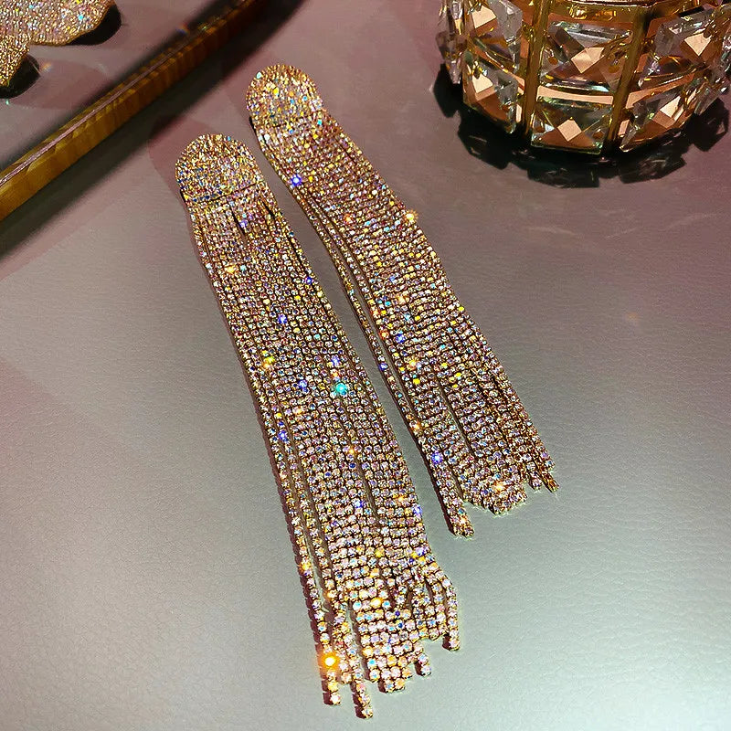 MC THE BLACK DIAMOND long tassel rhinestone drop earrings with crystal dangles, fashion jewelry for women.