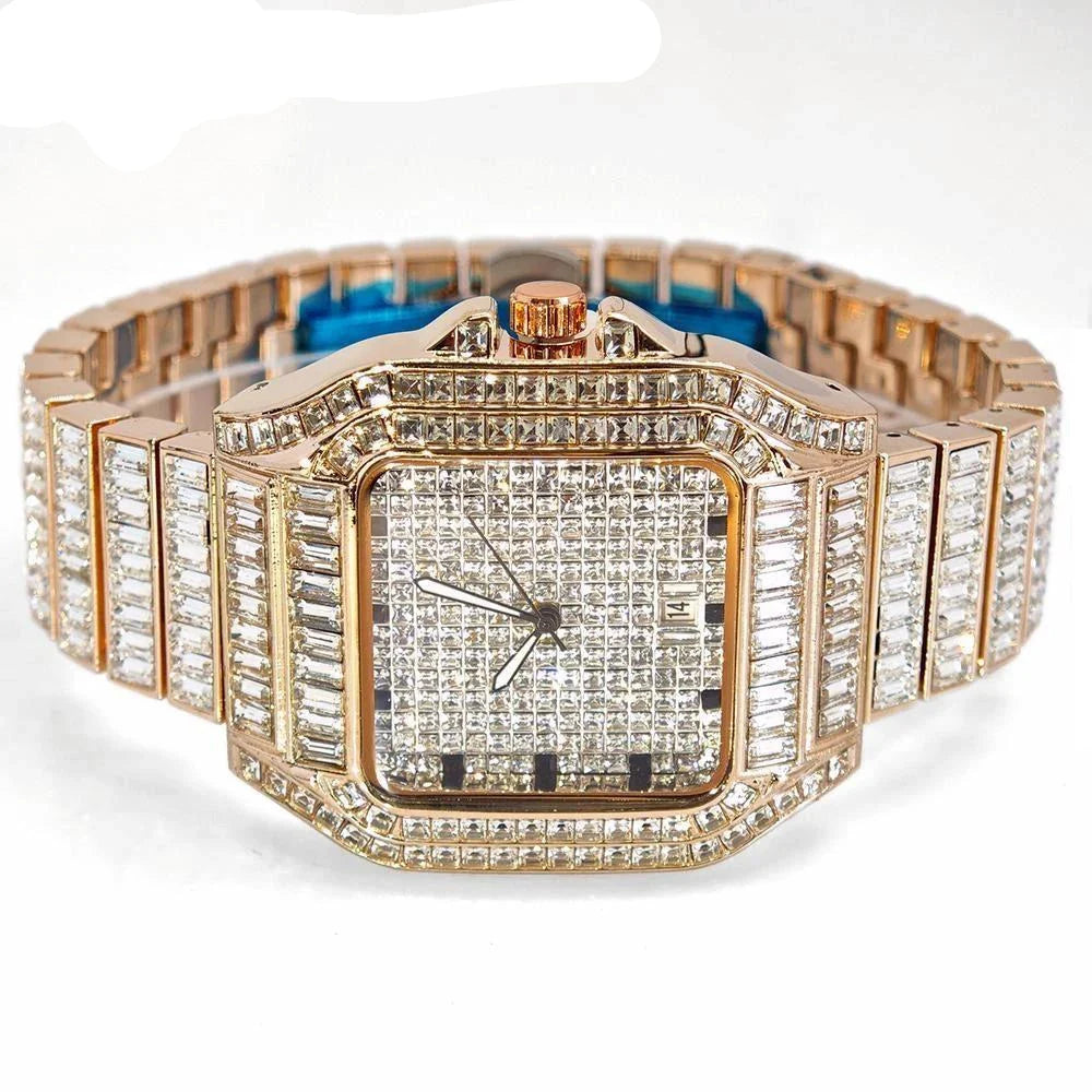 Luxury MC THE BLACK DIAMOND rose gold stainless steel men’s quartz watch with iced-out diamond details and rectangular face.