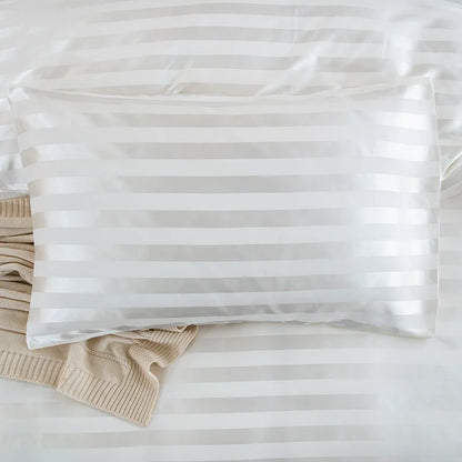 Luxury satin striped duvet cover set in ivory white, featuring silky-like bedding from 𝕄𝕔 𝕋𝕙𝕖 𝔹𝕝𝕒𝕔𝕜 𝔻𝕚𝕒�