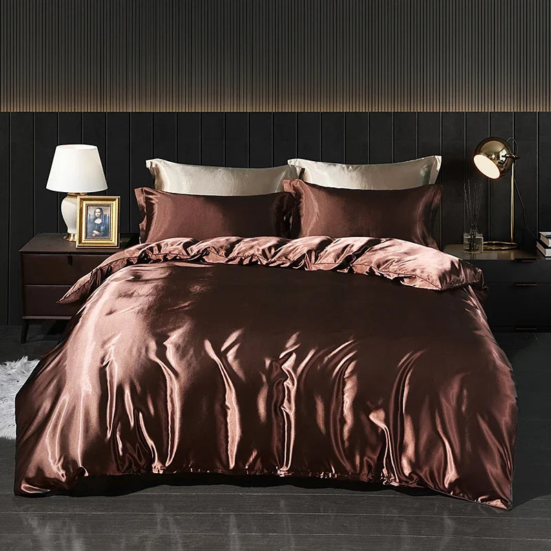 Luxury satin bedding set with fitted sheet and duvet cover by MC THE BLACK DIAMOND, featuring elegant, smooth fabric and refined design.