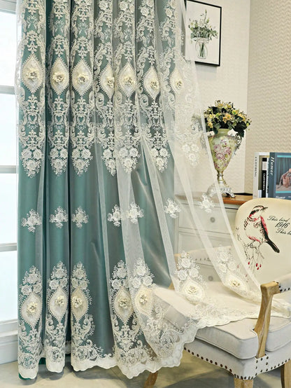 Luxury vintage-style embroidered curtains from MC The Black Diamond, featuring intricate embroidery and elegant fabric design.