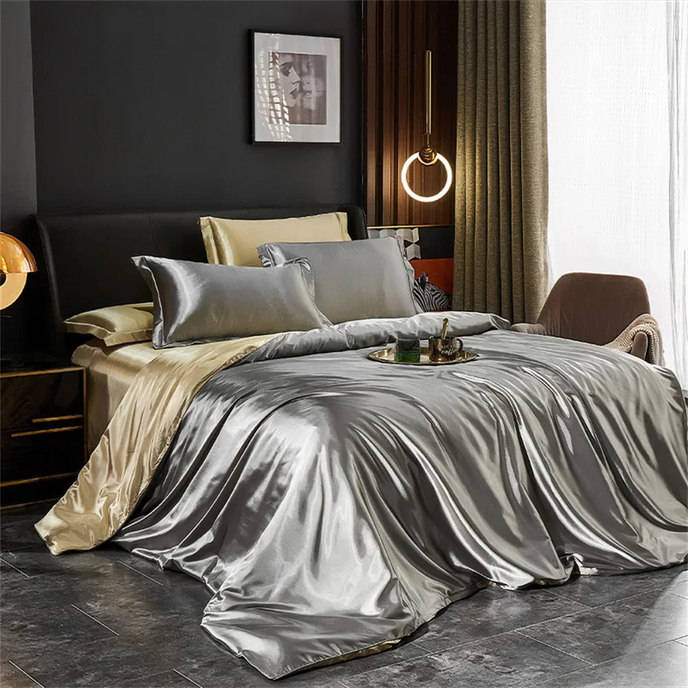 Luxurious solid silk bedding set with duvet cover, pillowcases, and bedsheets in elegant satin for king, queen, or twin beds by MC THE BLACK DIAMOND