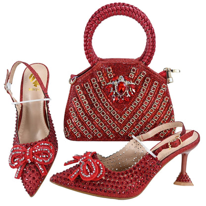 Elegant Italian shoes and matching leather handbags with stone embellishments, designed for evening parties by Mohammad Collection.