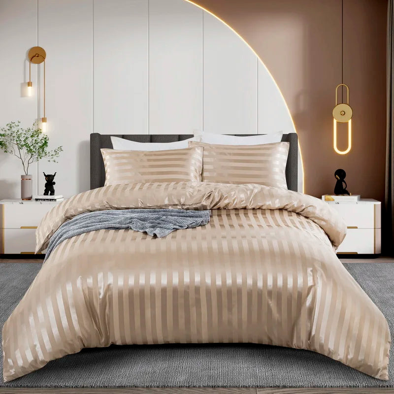 Luxury satin striped duvet cover set in ivory white, featuring silky smooth fabric and elegant full, queen, king, or single sizes.