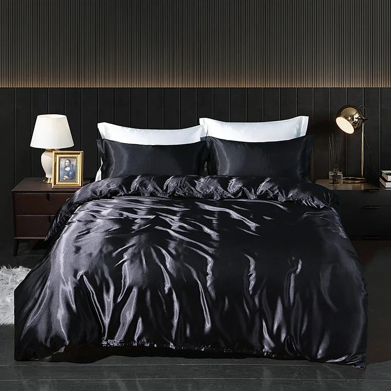 Luxury satin bedding set with fitted sheet and duvet cover by MC THE BLACK DIAMOND, showcasing smooth, elegant home decor bedding.